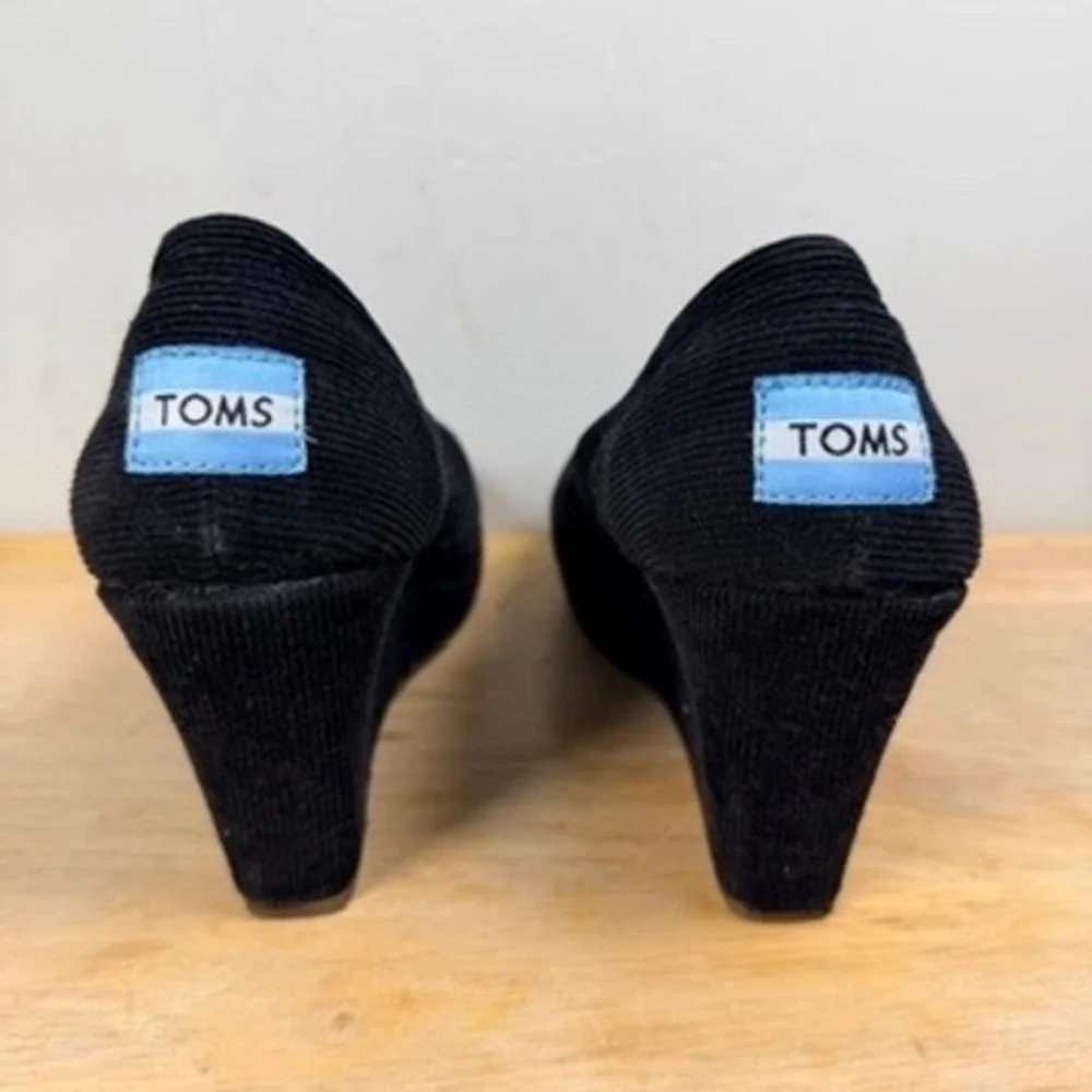 TOMS‎ Classic Espadrille Wedge Heels Womens 7 Black Corduroy Peep Toe Shoes Y2K
